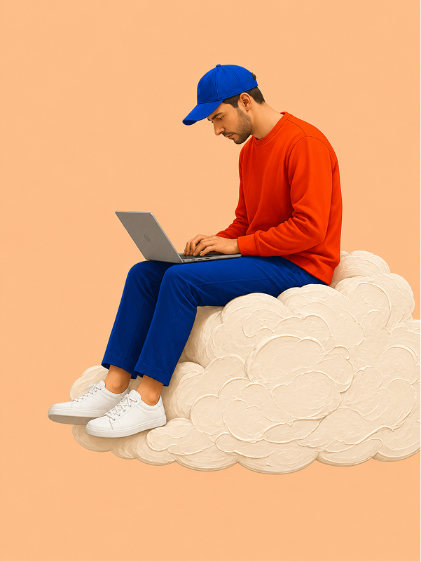 A person working on a laptop while sitting on a cloud